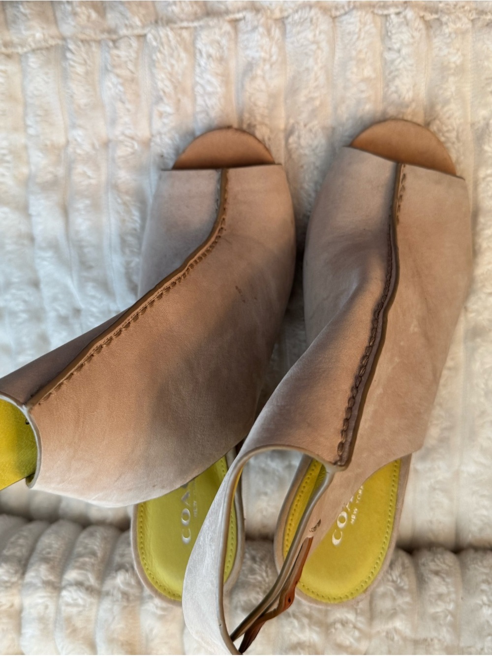 Coach Taupe Open-Toe Slide Mules with Chartreuse Insole